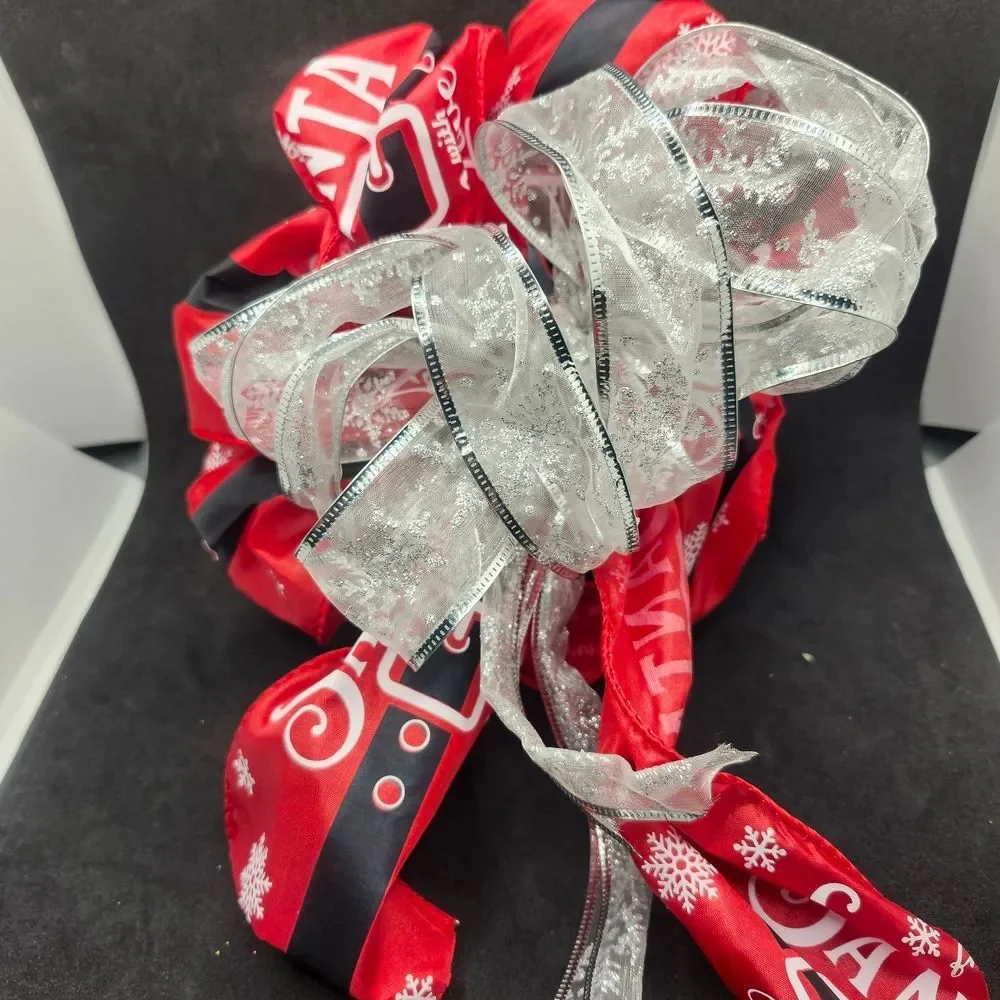 Festive Red and Silver Ribbon Christmas Bow Hair Barrette Clip